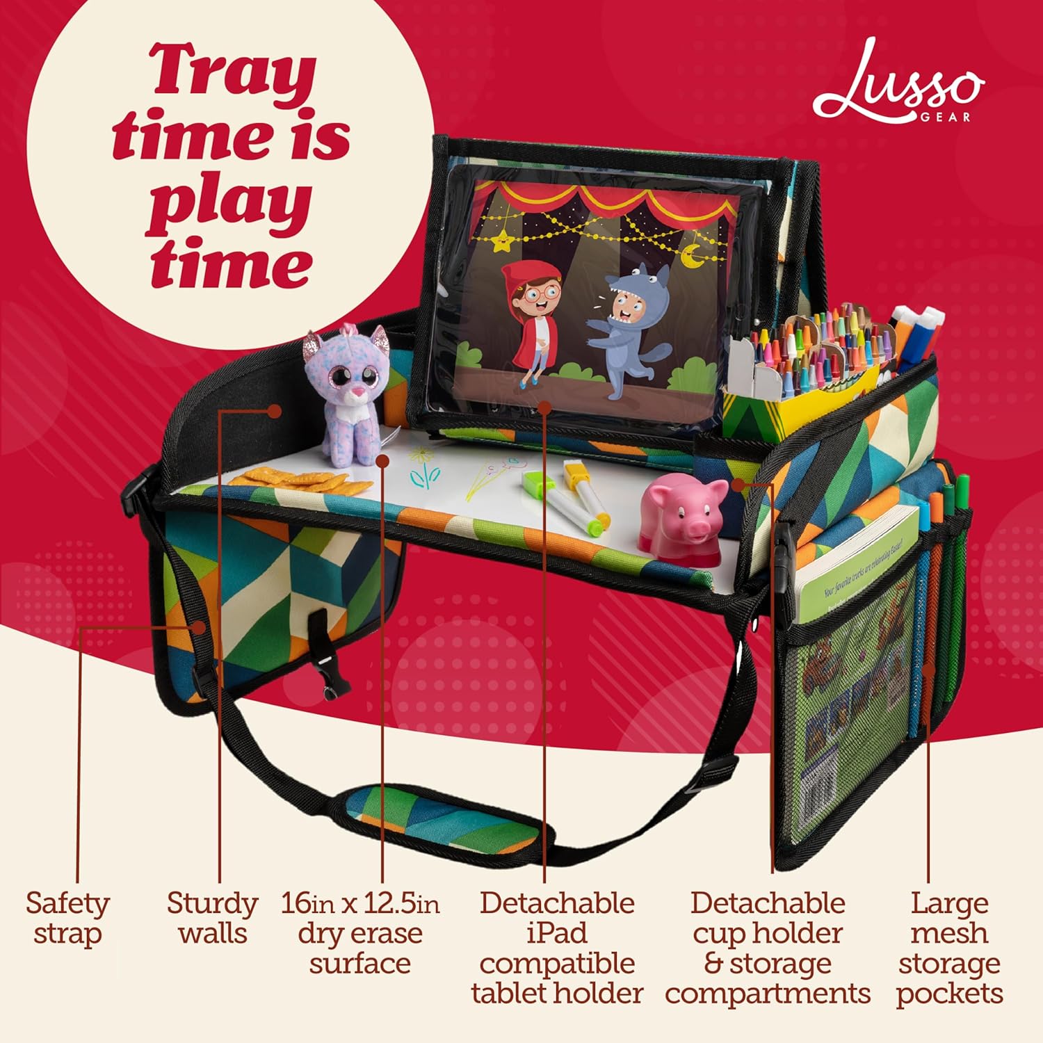 Lusso Gear Kids Travel Tray for Toddlers & Kids - Car Seat Lap Tray for Airplane & Road Trip Activities (Geometric)