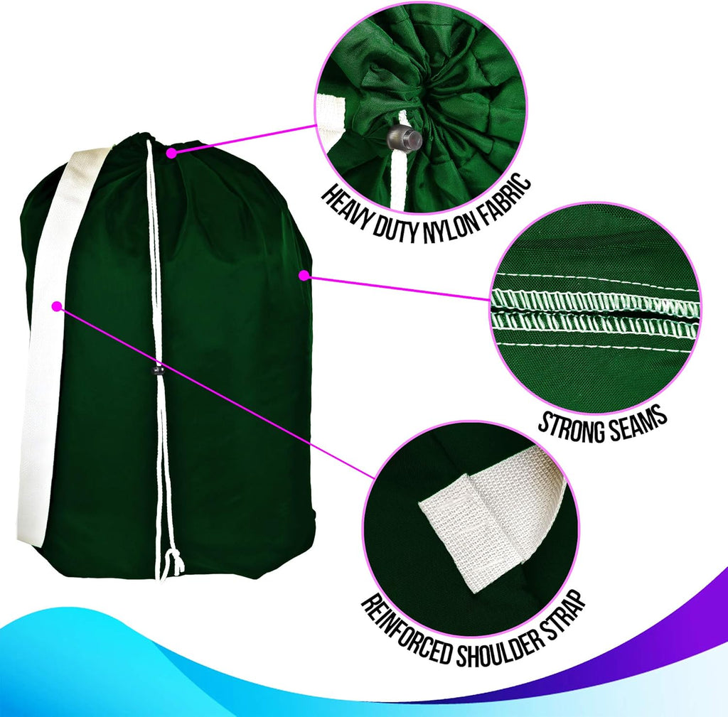 American Laundry Bags | Backpack with Shoulder Strap 2 piece set | Heavy Duty Clothes Holder | Travel Hamper for College Dorm | Portable Wash Bag | Green color | 30" x 40" size | Made in the USA
