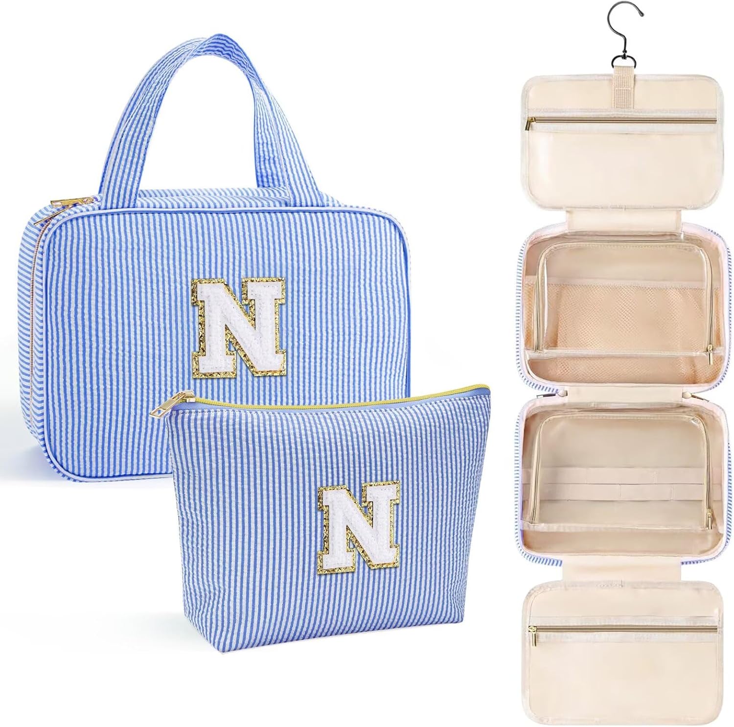 YOOLIFE Hanging Toiletry Bag for Women - Large Travel Toiletry Bag Makeup Bag, Portable Toiletries Cosmetic Bag, Airplane Travel Essentials - Letter N, Blue