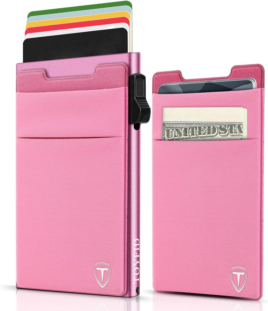 Slim Front Pocket Wallet,Pop Up Card Holder Wallets for Men and Women Aluminum Compact Wallets with RFID Blocking,Small Ultralight 6-12 Card Capacity Metal Wallets,Pink