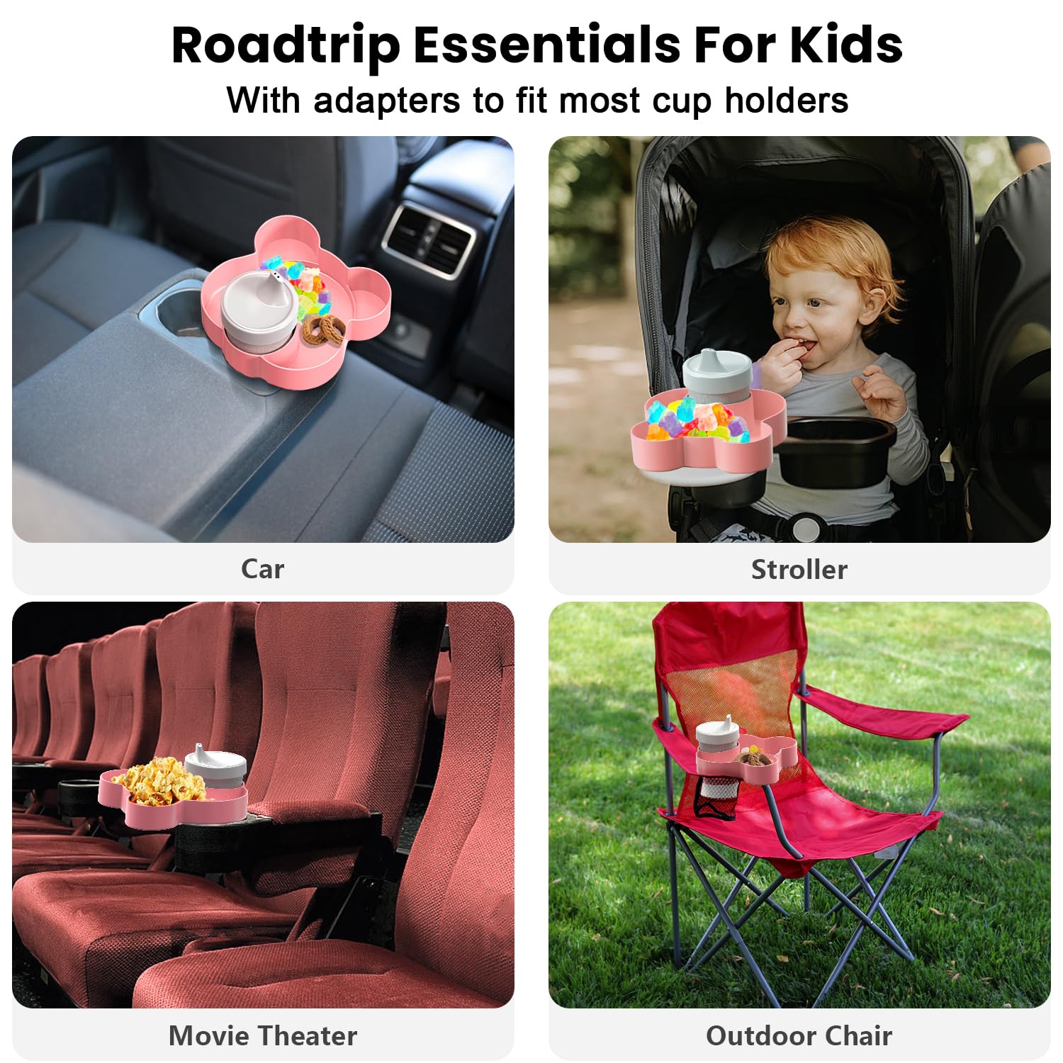 BlueOrigin Car Seat Snack Tray - Travel Tray for Kids Car Seat, Stroller, Booster and Anywhere with a Cup Holder, Toddler Road Trip Essentials Food Plate for Snacks, Toys, Entertainment (Pink)