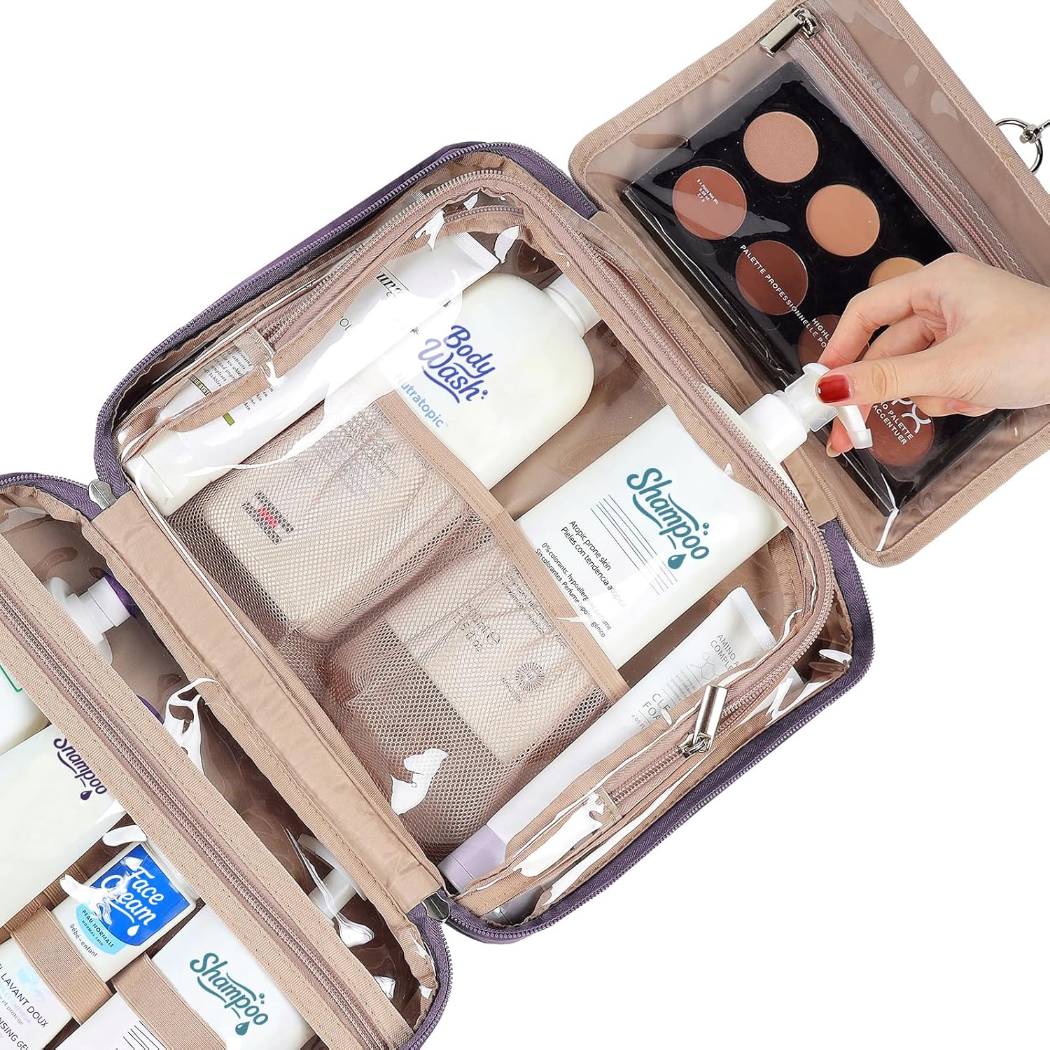 NISHEL Travel Toiletry Bag for Women Large Capacity, Makeup Essentials Organizer, Hanging Case for Accessories, Cosmetics, Purple