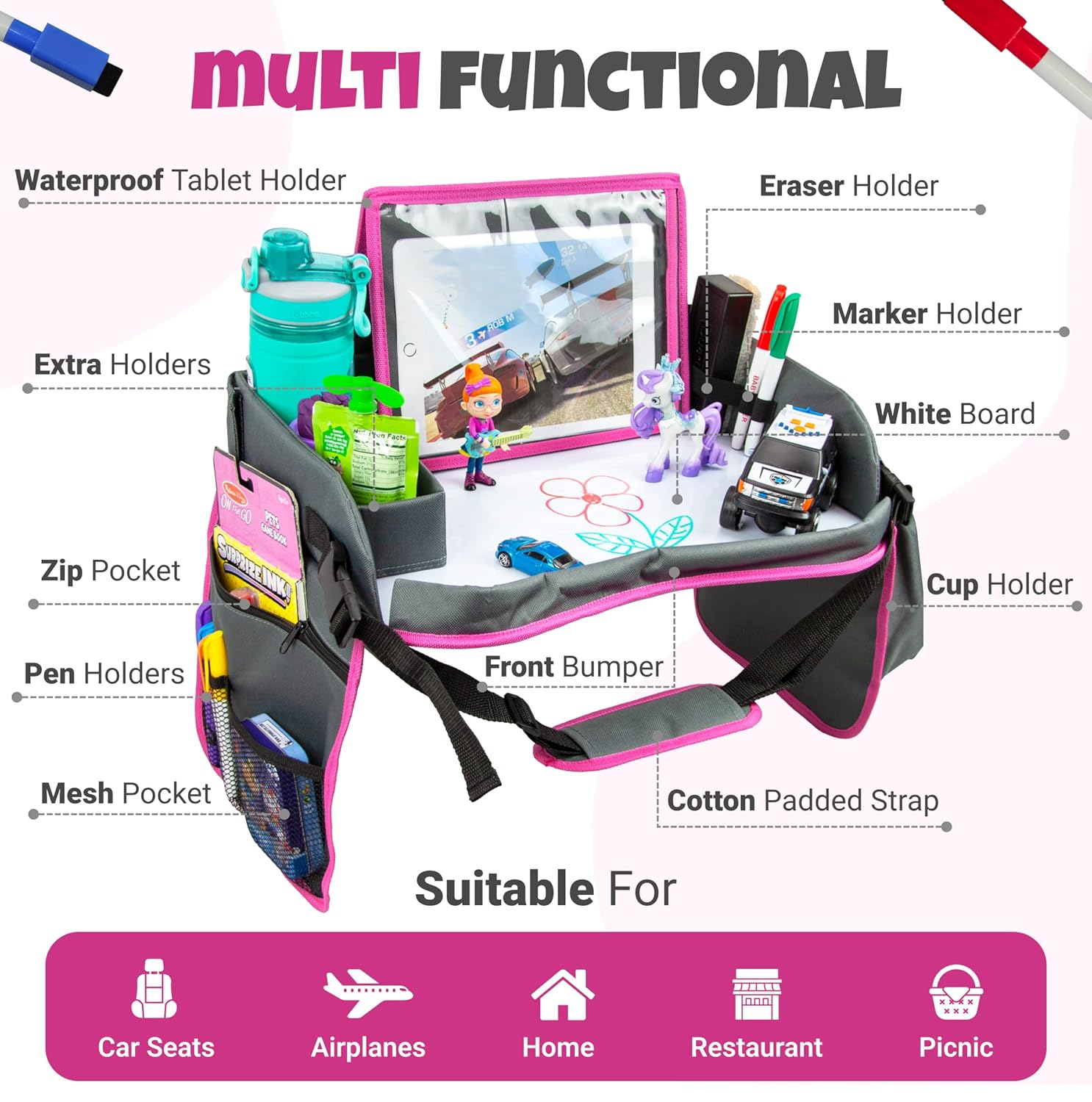 Kids Travel Tray with Dry Erase Board, Travel Tray for Kids Car Seat, Carseat Table Trays for Toddler, Kid Activity Desk for Air Travel, No-Drop Tablet Holder & Borders (Pink Frame)