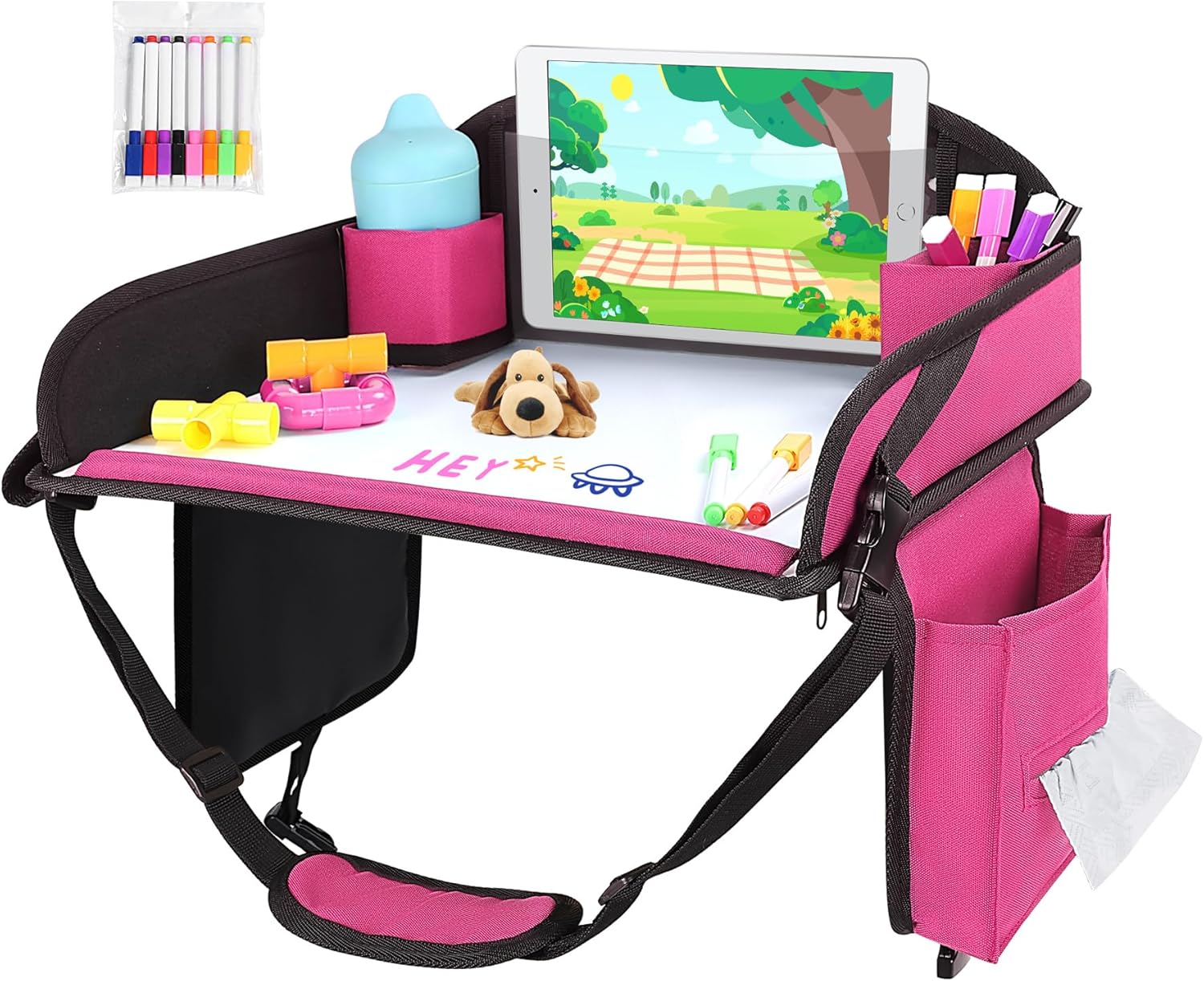 Kids Travel Tray, Travel Tray For Kids Car Seat, Toddler Road Trip Essentials With Drawing Kit, Carseat Tray For Kids Travel, Travel Activities Road Trip Must Haves For Kids (Pink)
