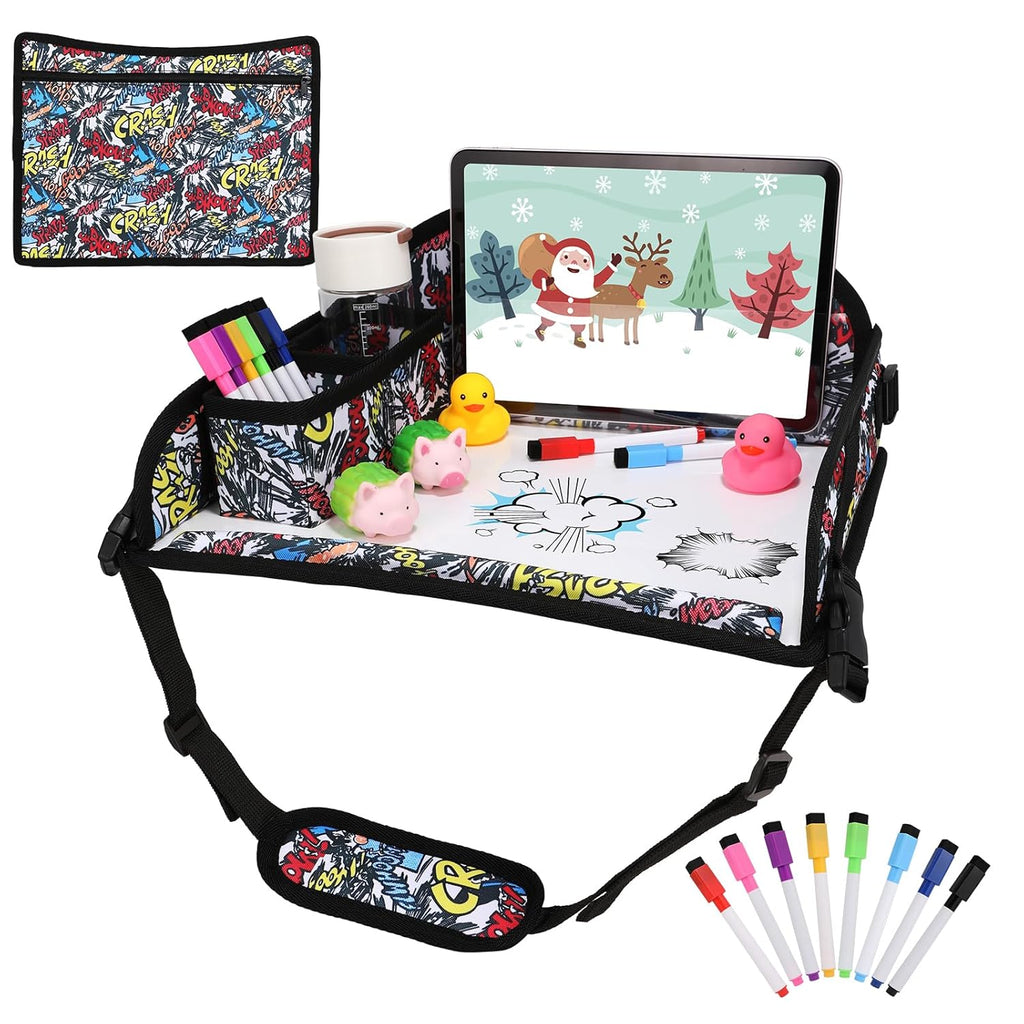 Kids Travel Tray for Airplane - Toddler Car Seat Table Tray, Road Trip Essentials for Boys & Girls, Carseat Lap Desk for Kids Road Trip Activities, Graffiti