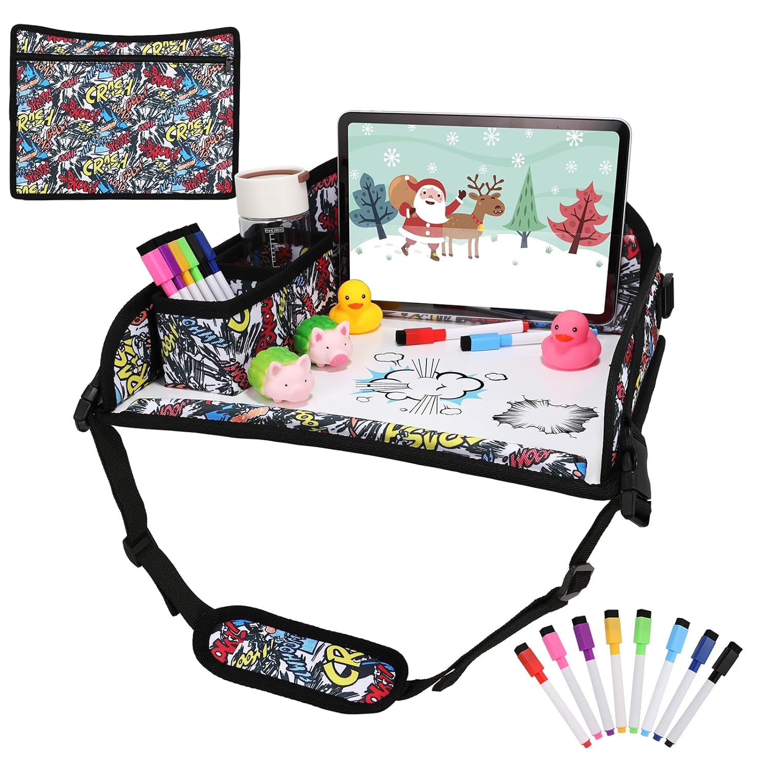 Kids Travel Tray for Airplane - Toddler Car Seat Table Tray, Road Trip Essentials for Boys & Girls, Carseat Lap Desk for Kids Road Trip Activities, Graffiti