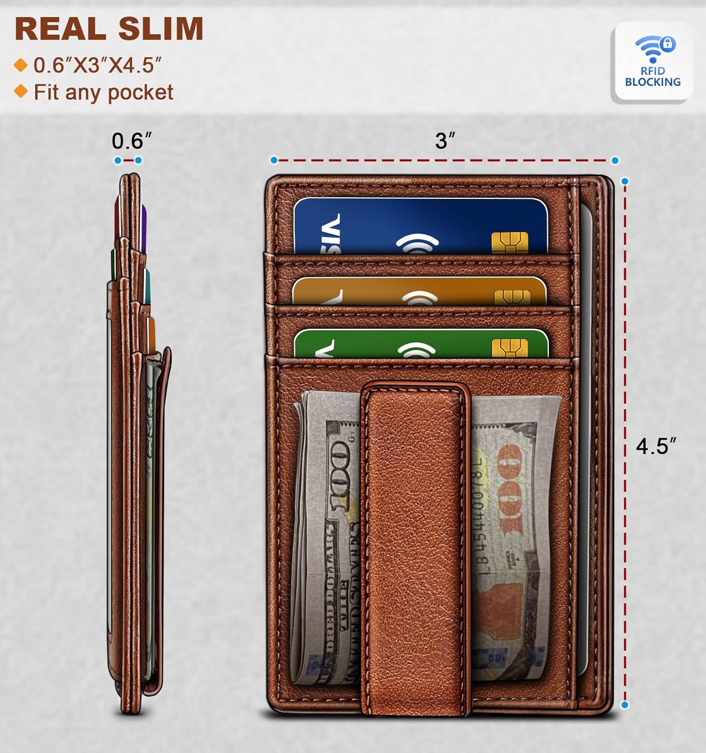 BULLIANT Men Wallet,Slim Leather Wallet Money Clip Card Hodler For Men Gift 8 Cards RFID Blocking