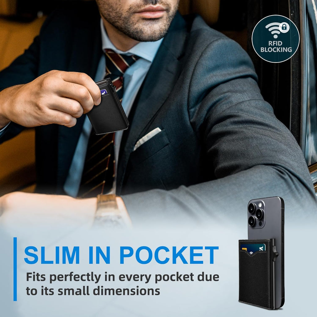 Wallet for Men,with Cash Pocket 2 ID Window 9-13 Cards,Metal Case Smart Slim Pop Up Credit Card Holder Flip with Magnetic Closure RFID Blocking Trifold wallet with Gift Box