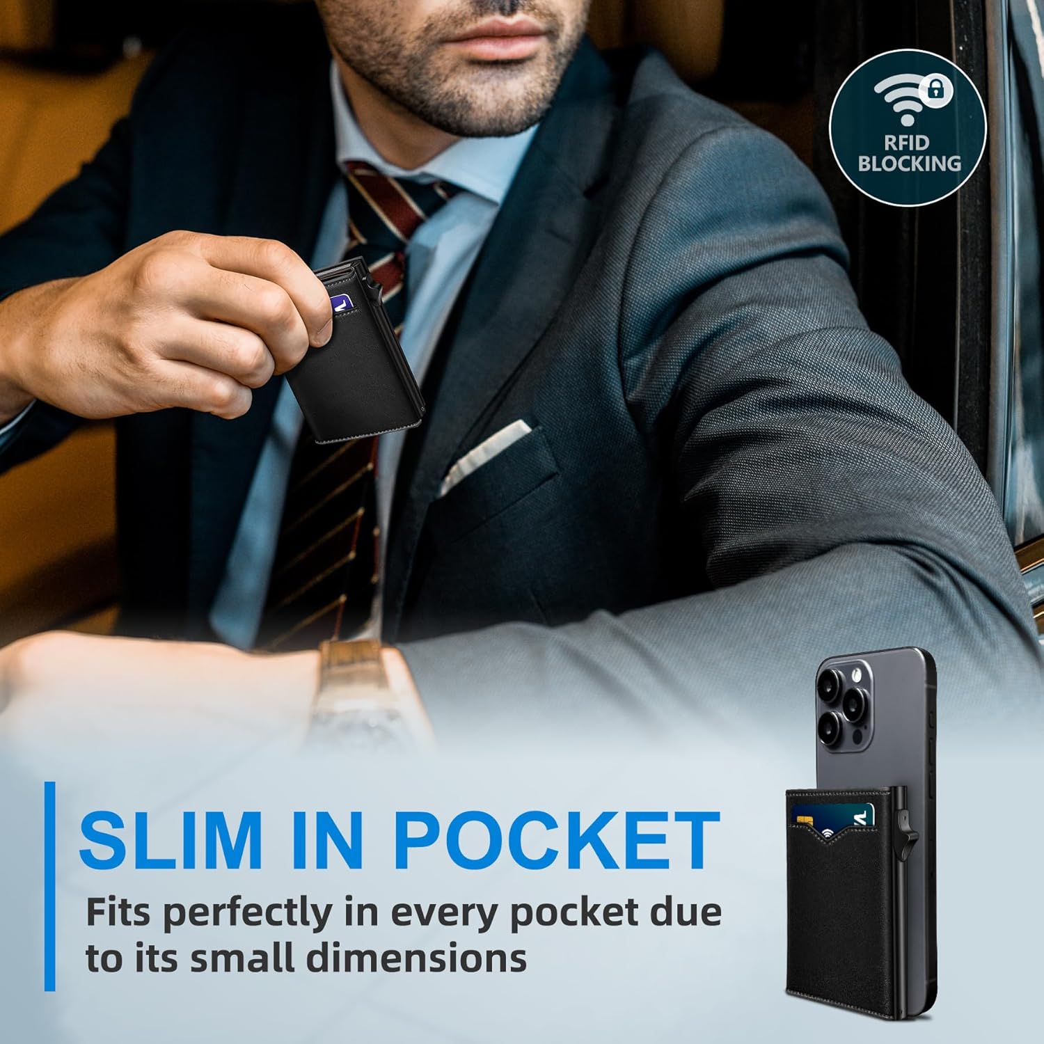 Wallet for Men,with Cash Pocket 2 ID Window 9-13 Cards,Metal Case Smart Slim Pop Up Credit Card Holder Flip with Magnetic Closure RFID Blocking Trifold wallet with Gift Box