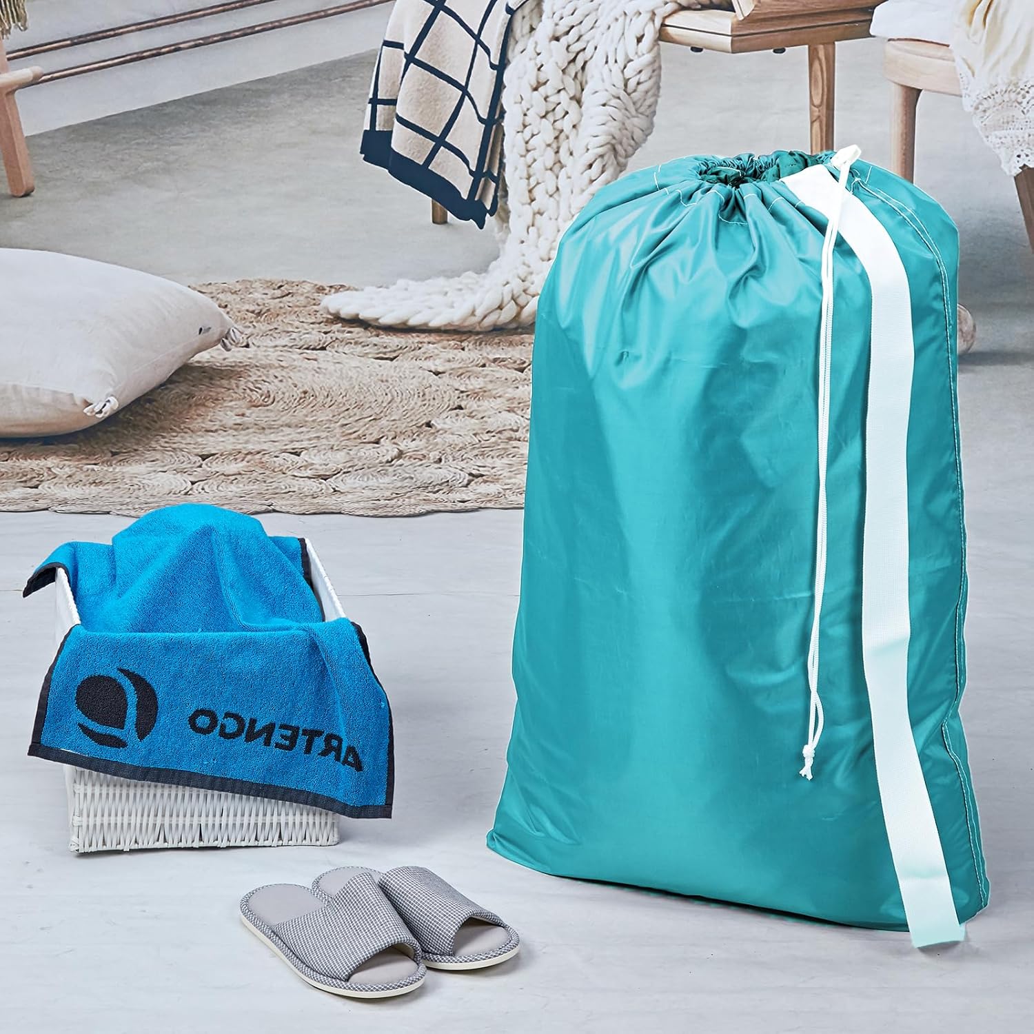 HOMEST 2 Pack XL Nylon Laundry Bag with Strap, Large Dirty Clothes Organizer, Easy Fit a Laundry Hamper or Basket, Can Carry Up to 4 Loads of Laundry, Sky Blue and Blue