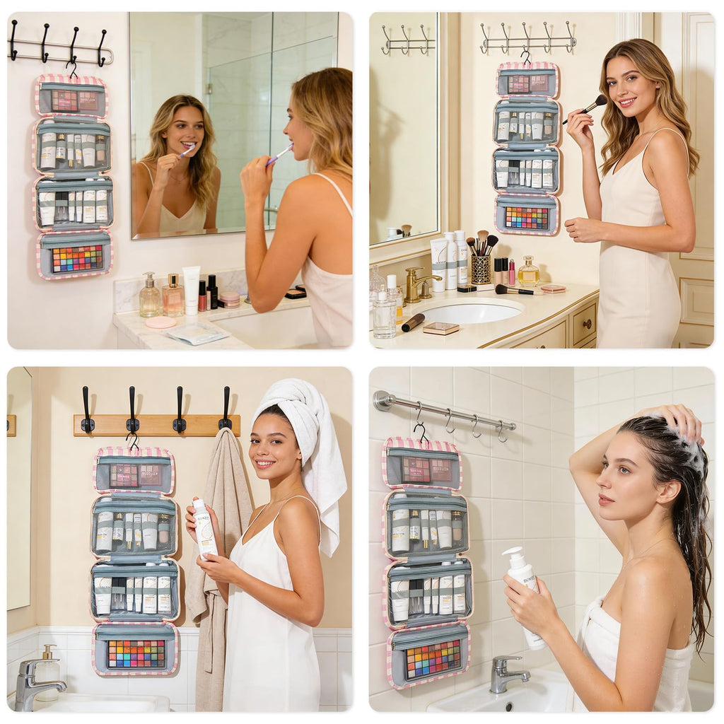 Apxouans Toiletry Bag for Women Travel Water-resistant Cosmetic Bag Fashion Stripes Makeup Bag with Hanging Hook Preppy for Store Toiletries Cosmetic Accessories Large Capacity Pink