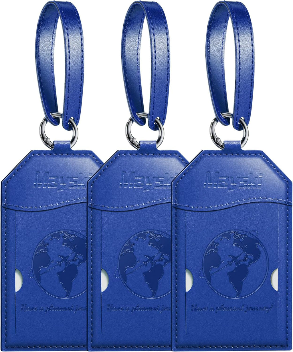 Mayski Luggage Tags for Suitcases 3 Pack Suitcase Bag Tags, TSA Approved, Metal Buckle, Bag Tags with Name ID Card Travel Essentials, Blue Global