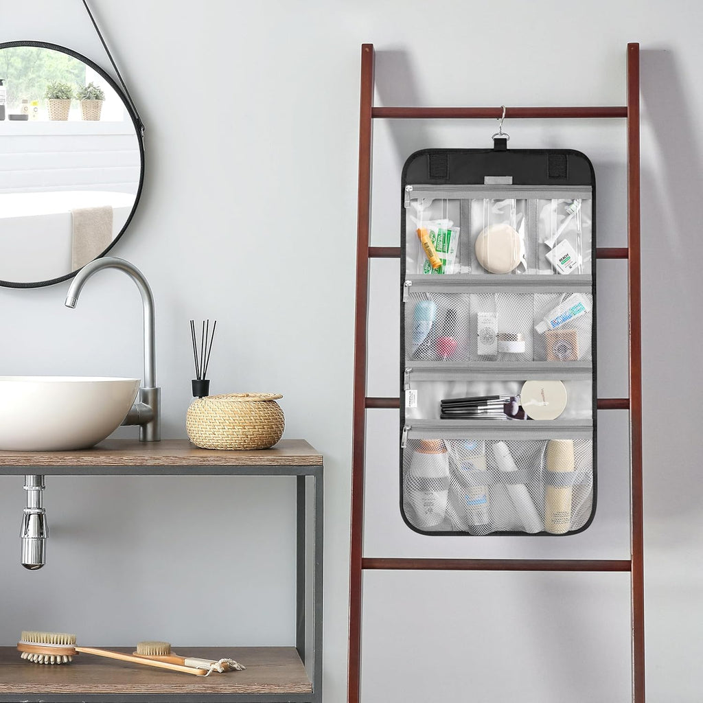 PAVILIA Hanging Toiletry Bag Women Men, Travel Kit Foldable Large Toiletries Organizer, Roll up Cosmetics Makeup Bag Accessories, Waterproof Essentials Jewelry Case (Black)