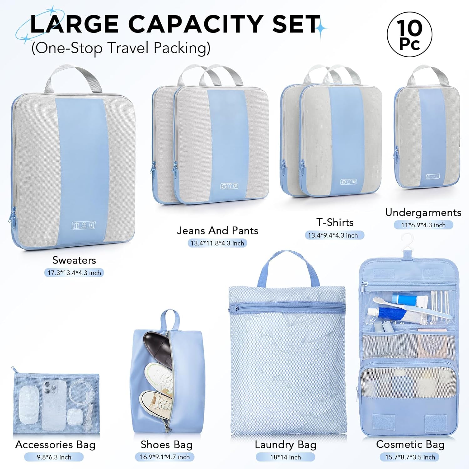 10 Set Compression Packing Cubes for Travel Essentials,Compressible Expandable Packing Cubes for Suitcase,OlarHike Luggage Organizer Bags for Travel,Handy Helper for Organizing Clothes(Light Blue)