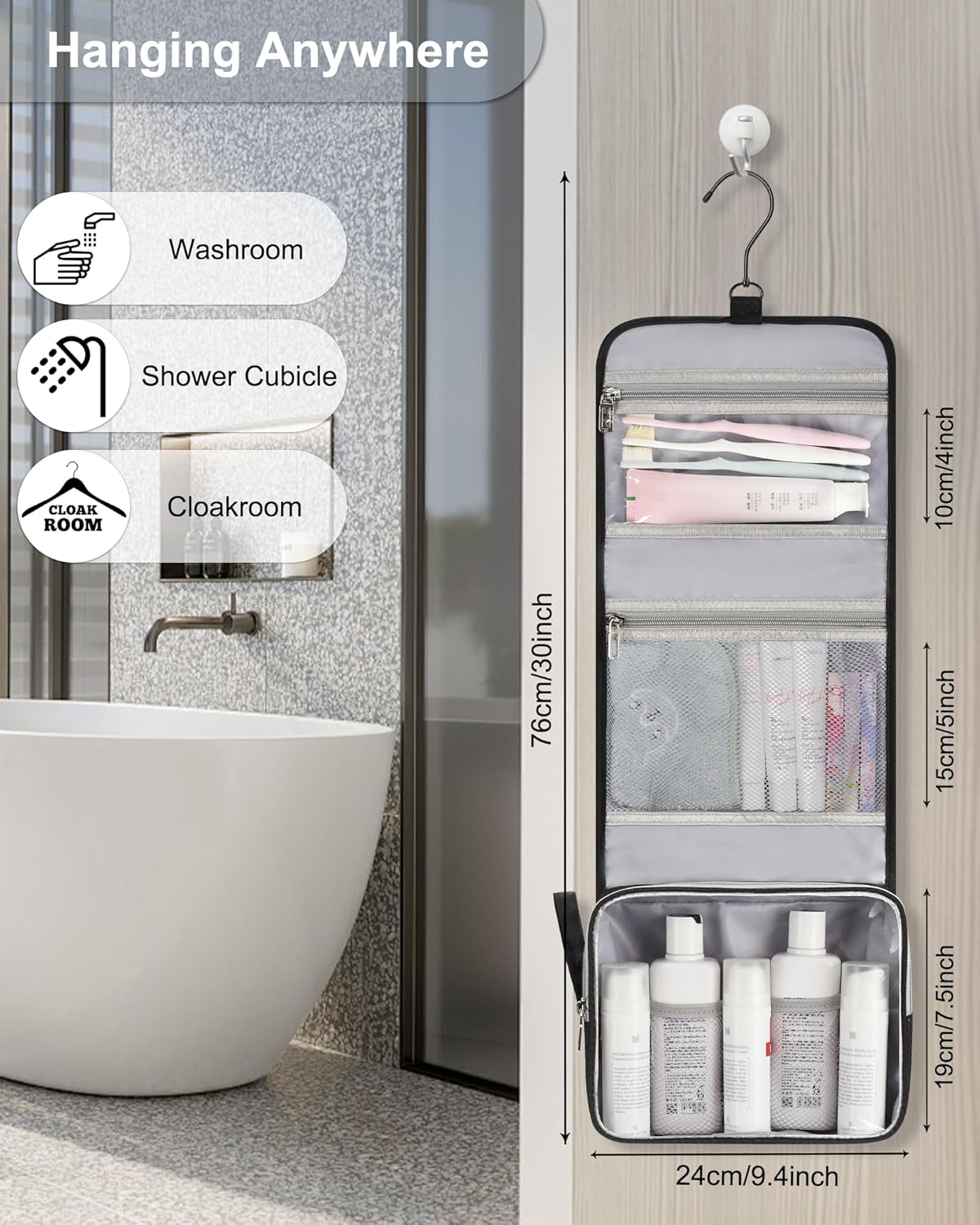 Small Hanging Toiletry Bag for Men and Women, Portable Hanging Organizer for Travel-Sized Shower Dopp Kit, Makeup Accessories, Waterproof Toiletries Organizer with 3 Compartments for Outdoor - Black