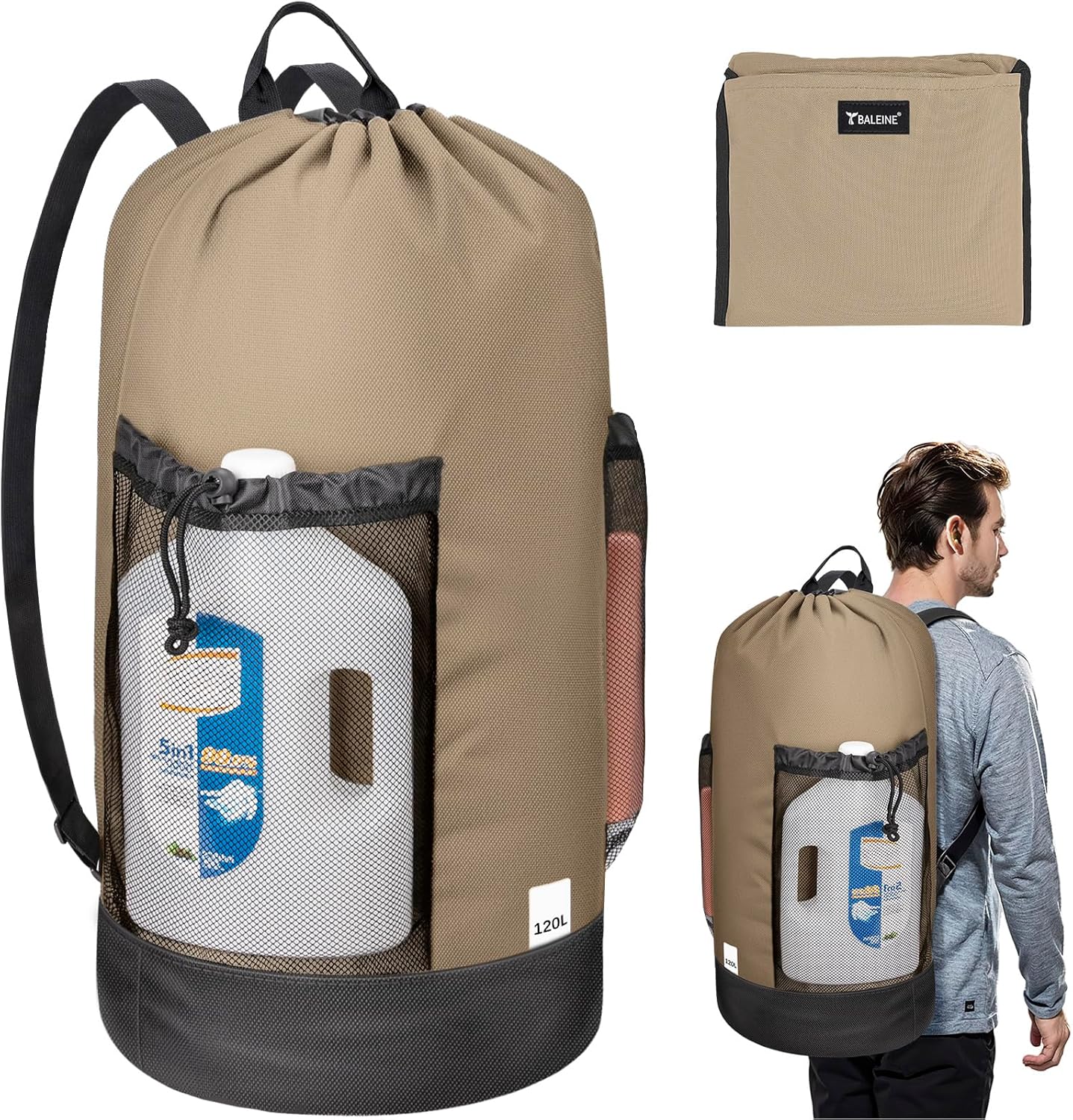 BALEINE 120L Laundry Bag Backpack, 900D Oxford Fabric Large Travel Laundry Bags with Shoulder Straps and 2 Mesh Pockets for College Dorm, Apartment, Laundromat (Khaki, 120L)