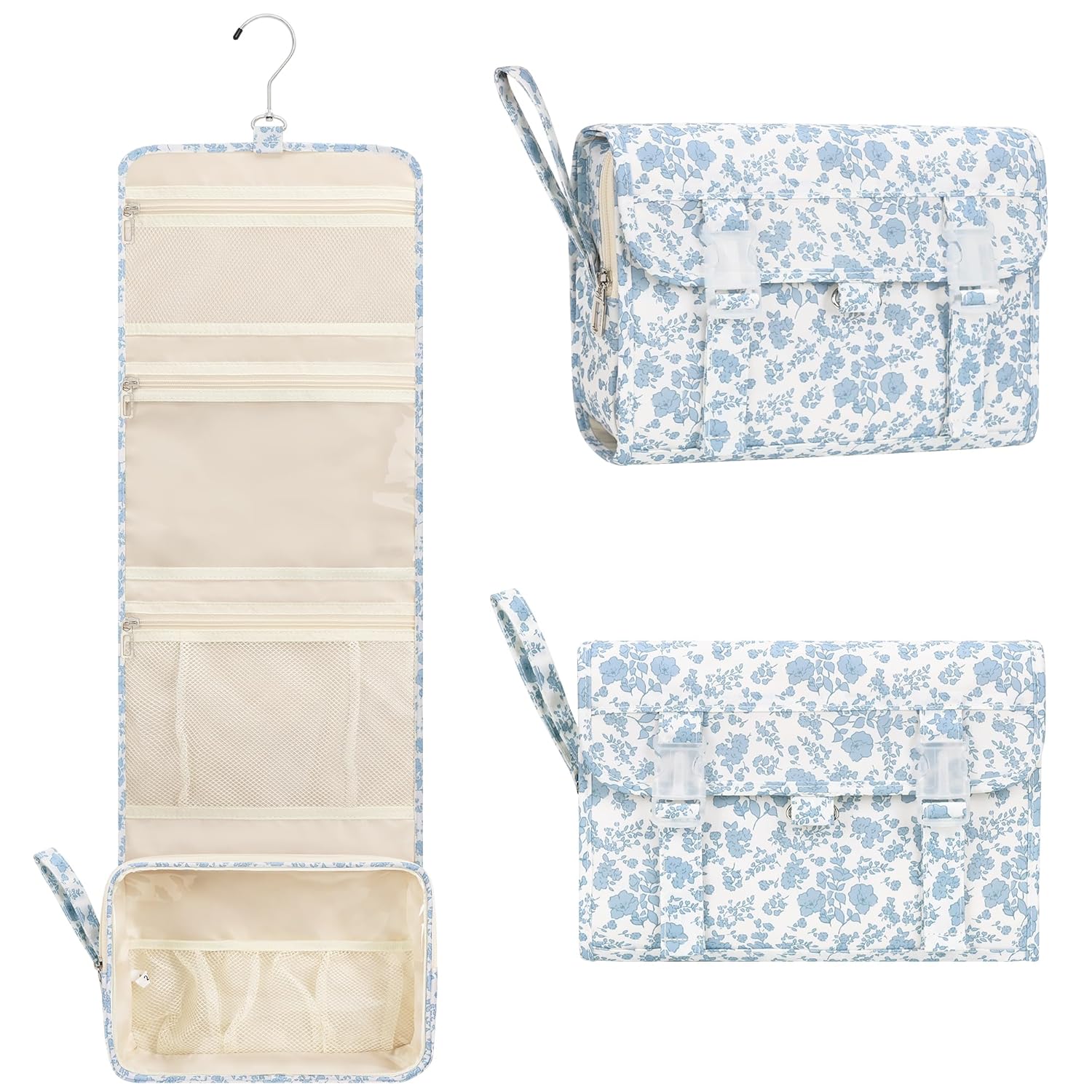 Hanging Toiletry Bag, Travel Toiletries Bag with Hanging Hook, Water Resistant Makeup Cosmetic Organizer for Full Sized Container, Shampoo, Portable Wash Bag for Travel Size Essentials - Blue Flower