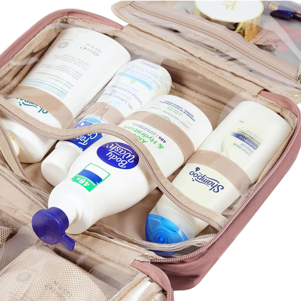 NISHEL Travel Toiletry Bag for Women Large Capacity, Makeup Essentials Organizer, Hanging Case for Accessories, Cosmetics, Rosewood-Pink