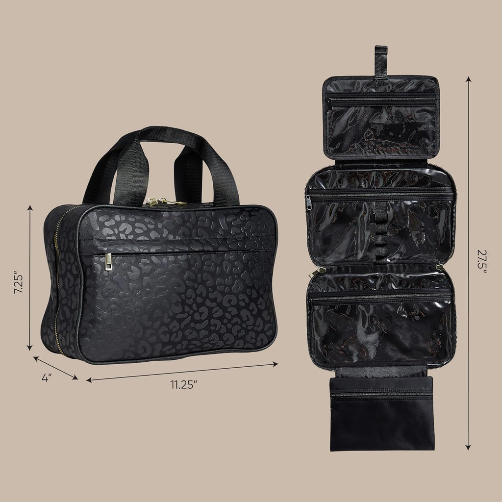 Nicole Miller New York Once Upon a Rose Makeup Bag, Multifunctional Travel and Toiletries Bag, Cosmetics Essentials Accessories Bag, Luxurious, Classic, Chic, and Stylish, Black Cow