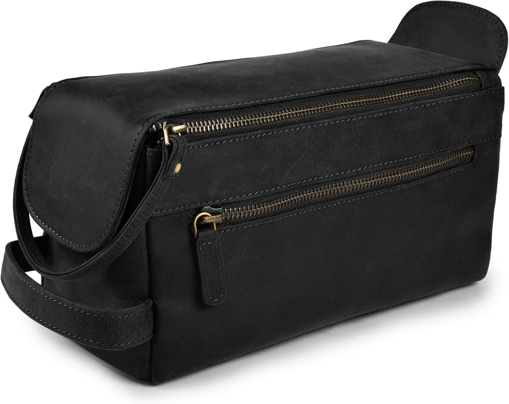 LEATHER VILLAGE Premium Leather Travel Toiletry Bag - Unisex Water-Resistant Travel Dopp Kit, Shaving & Cosmetic Organizer for Men & Women - Compact Bathroom Essentials - Distressed Black