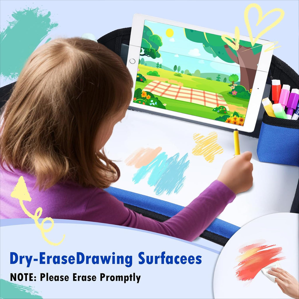 Kids Travel Tray, Travel Tray For Kids Car Seat, Toddler Road Trip Essentials With Drawing Kit, Carseat Tray For Kids Travel, Travel Activities Road Trip Must Haves For Kids (Navy Blue)