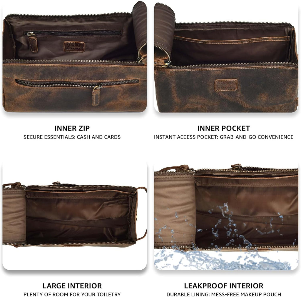 LEATHER VILLAGE Premium Leather Travel Toiletry Bag - Unisex Water-Resistant Travel Dopp Kit, Shaving & Cosmetic Organizer for Men & Women - Compact Bathroom Essentials - Rustic Brown