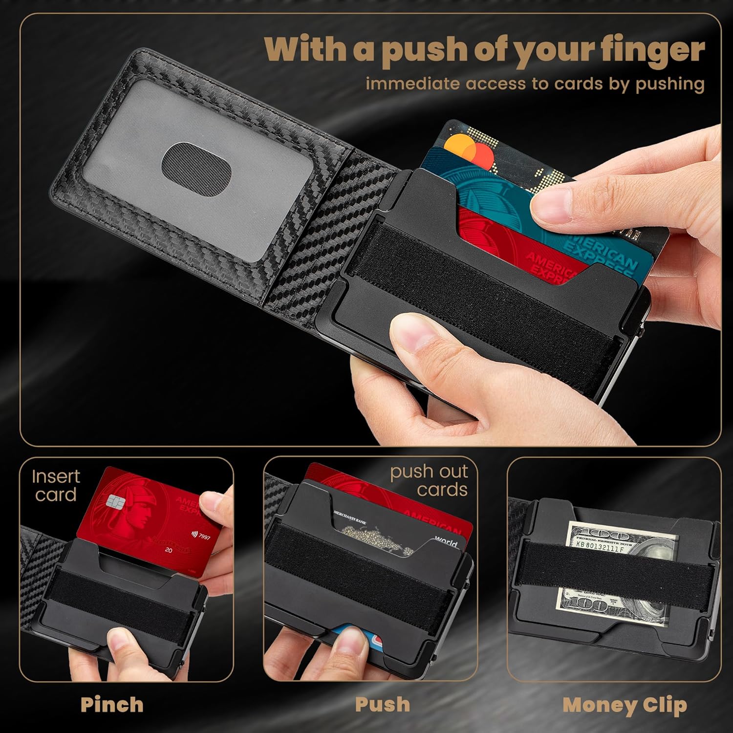 Wallet for Men Newly Upgraded Magnetic Minimalist Slim Men’s Wallet, RFID Blocking Mens Wallet with Money Clip & ID Window, Metal Compact Wallet with Nice Gift Box (Carbon Fiber)