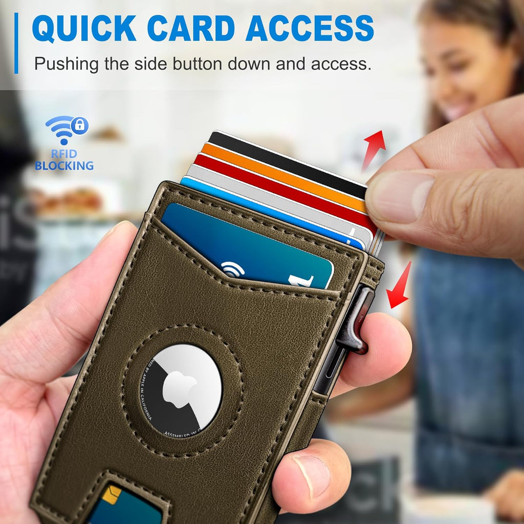 Airtag Wallet for Men,with Money Clip Gift Boxed,Slim Front Pocket Wallet RFID Blocking Metal Case Smart Pop-up Credit Card Holder in Magnetic Leather Flip
