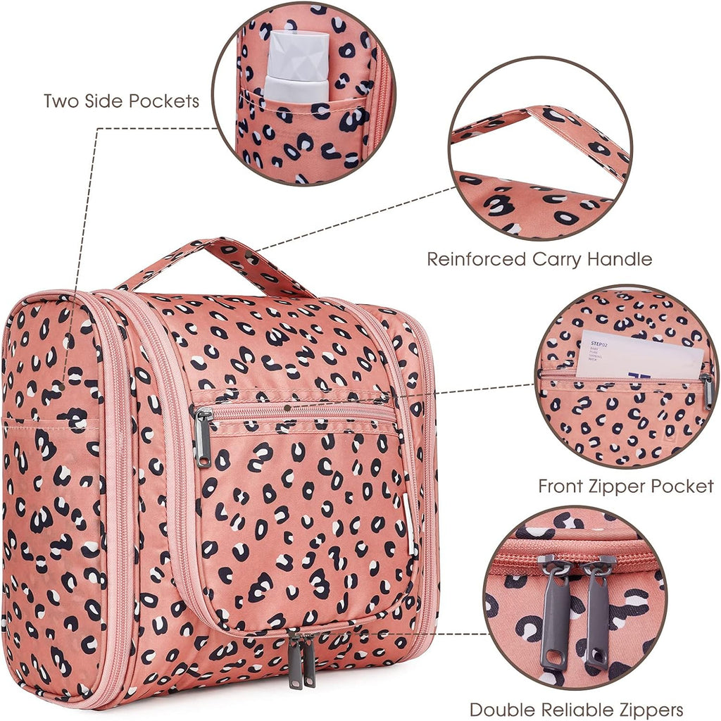 Narwey Hanging Cheetah Toiletry Bag for Women Travel Makeup Bag Organizer Toiletries Bag for Cosmetics Essentials Accessories (Large, Orange Leopard)