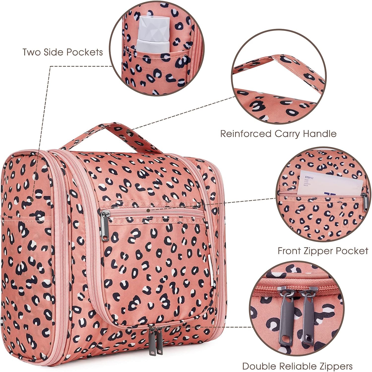 Narwey Hanging Cheetah Toiletry Bag for Women Travel Makeup Bag Organizer Toiletries Bag for Cosmetics Essentials Accessories (Large, Orange Leopard)