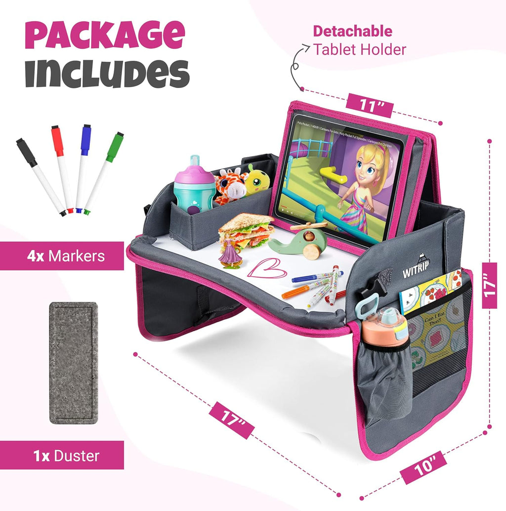 Kids Travel Tray with Dry Erase Board, Travel Tray for Kids Car Seat, Carseat Table Trays for Toddler, Kid Activity Desk for Air Travel, No-Drop Tablet Holder & Borders (Pink Frame)