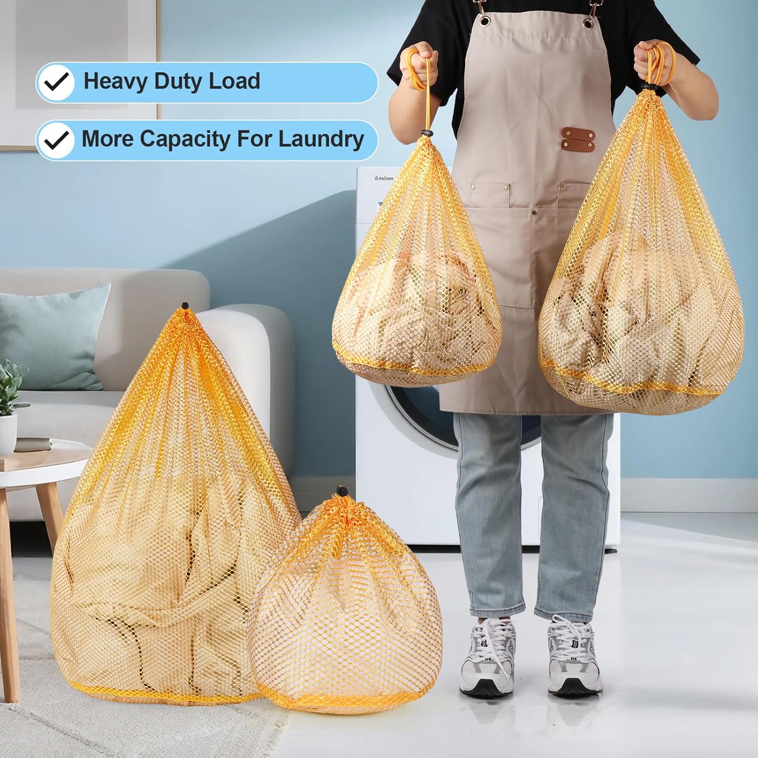 4Pcs Mesh Laundry Bags Washing Machine Mesh Wash Bags for Clothes,Underwear,Lingerie, Bed Linen with Drawstring Closure Sturdy(4 Size, Yellow)