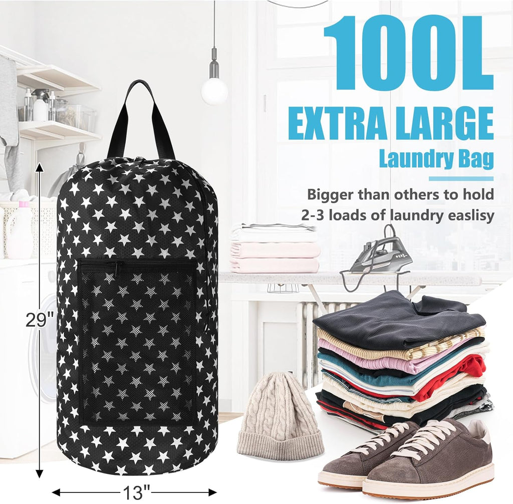 Portable Laundry Bag Backpack with Adjustable Straps & Mesh Pocket - Drawstring Closure for College, Apartment, Camping (Star Shape)