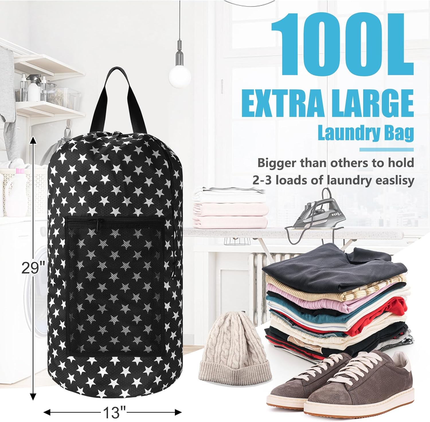 Portable Laundry Bag Backpack with Adjustable Straps & Mesh Pocket - Drawstring Closure for College, Apartment, Camping (Star Shape)