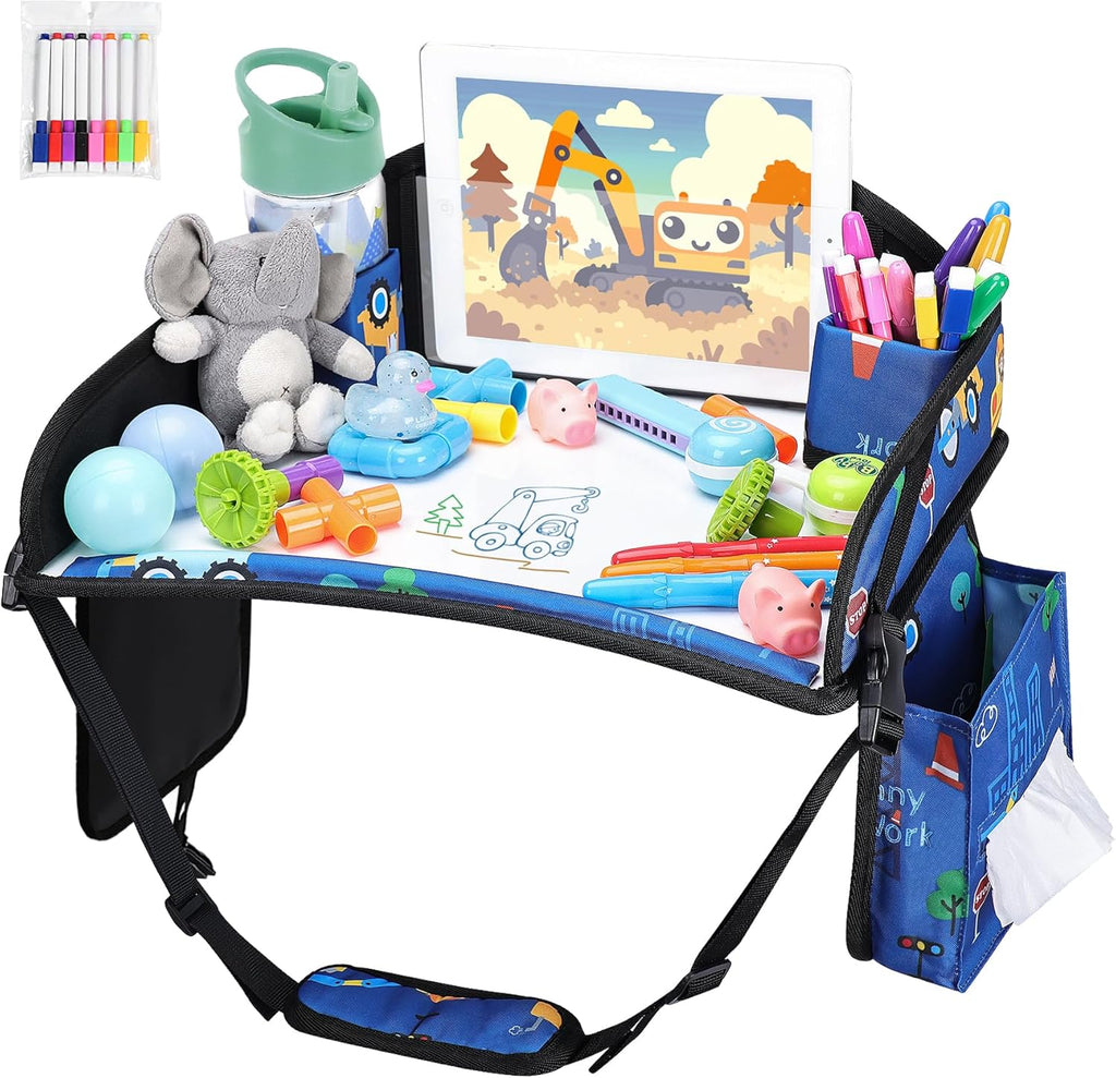 Kids Travel Tray for Car-Car Seat Tray for Kids Travel, Carseat Table Top for Toddler Road Trip Essentials With Drawing Kit, Kids Lap Desk Organizer for Car, Airplane (Dark Blue Car)