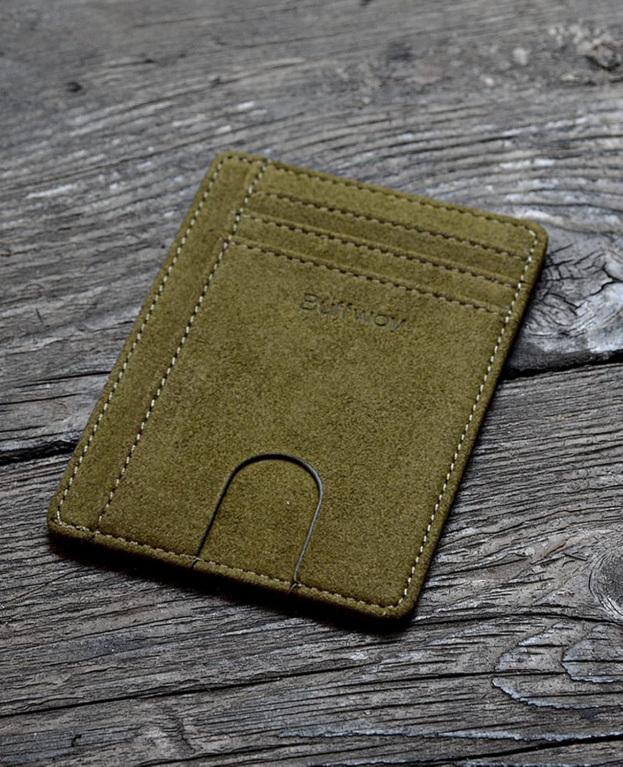 Buffway Slim Minimalist Front Pocket RFID Blocking Leather Wallets for Men and Women - At Sahara Desert Green