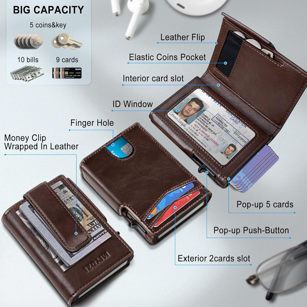 Wallet for Men with Money Clip Coins Pocket ID Window Gift Boxed,Slim Smart Front Pocket RFID Blocking Wallet Pop-up Card Holder in Magnetic Leather Flip 3.9"x 2.7"