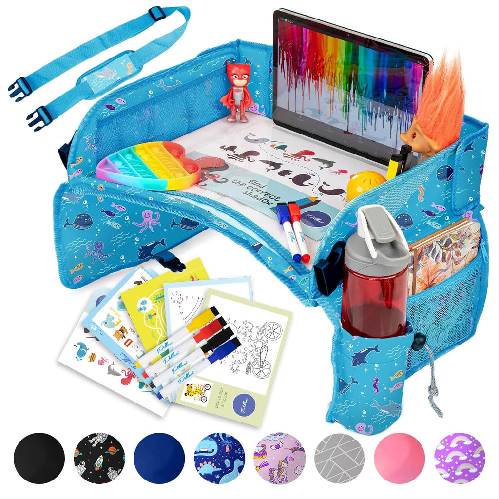 PILLANI Kids Travel Tray for Car - Car Seat Tray for Kids Travel, Road Trip Essentials Must Haves - Carseat Table Roadtrip Activities - Toddler Lap Desk Organizer for Airplane - Kids Travel Essentials