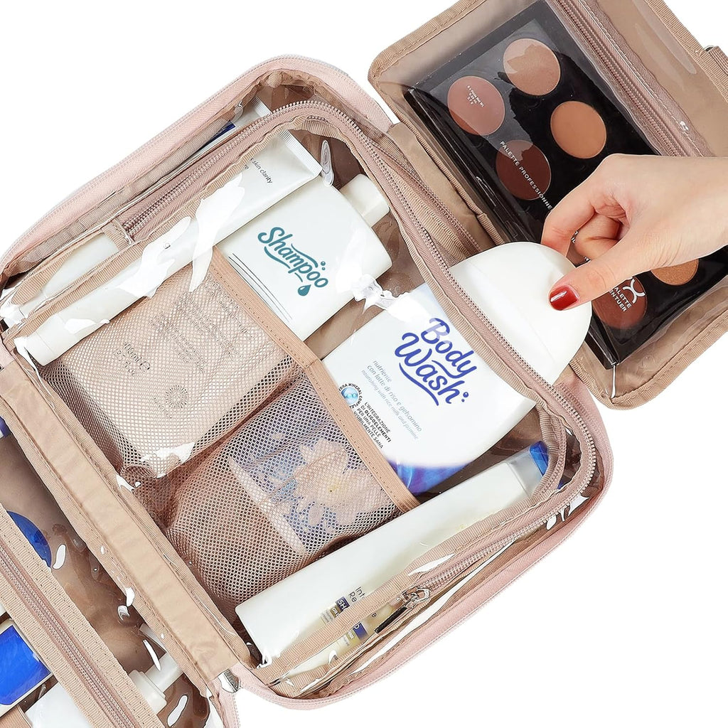 NISHEL Travel Toiletry Bag for Women Large Capacity, Makeup Essentials Organizer, Hanging Case for Accessories, Cosmetics, Pink