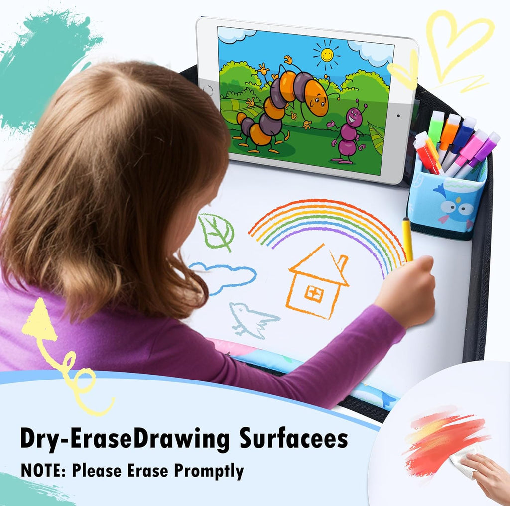 Kids Travel Tray, Travel Tray for Kids Car Seat, Toddler Car Seat Lap Tray, Carseat Tray for Kids Travel, Carseat Table Tray for Kids Travel Activities (Blue)