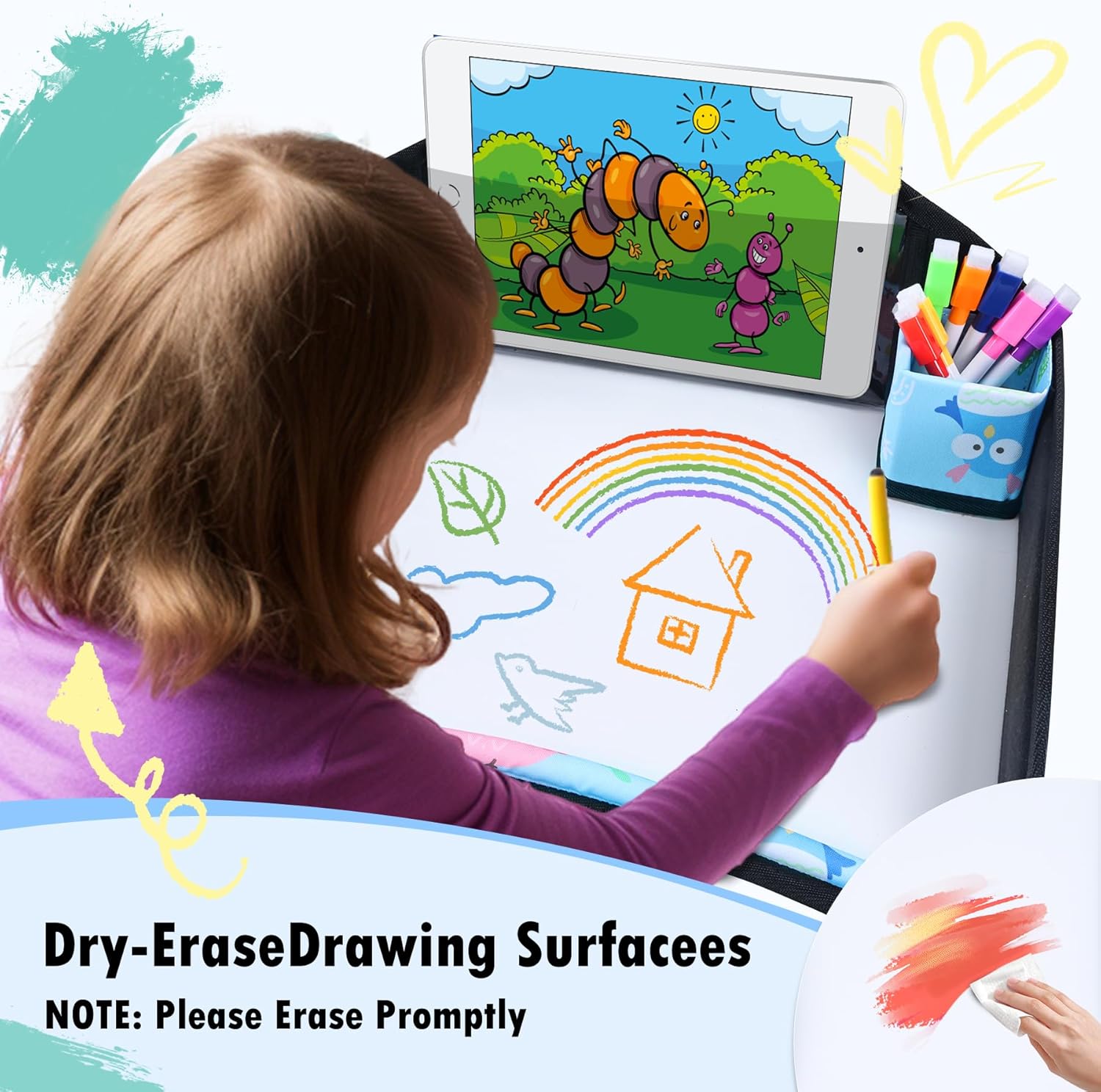 Kids Travel Tray, Travel Tray for Kids Car Seat, Toddler Car Seat Lap Tray, Carseat Tray for Kids Travel, Carseat Table Tray for Kids Travel Activities (Blue)