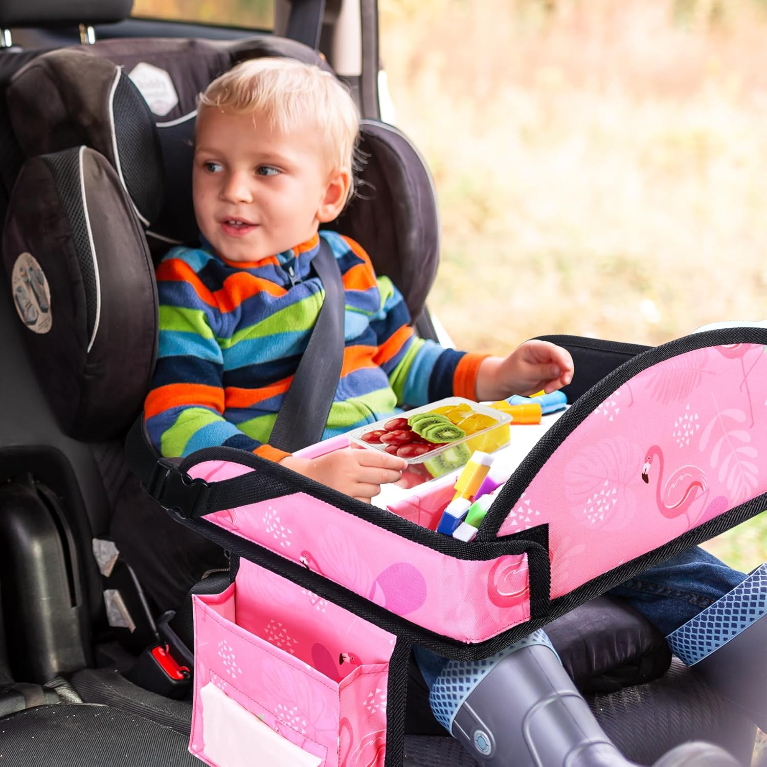 Kids Travel Tray, Travel Tray for Kids Car Seat, Toddler Car Seat Lap Tray, Carseat Tray for Kids Travel, Carseat Table Tray for Kids Travel Activities (Light Pink)