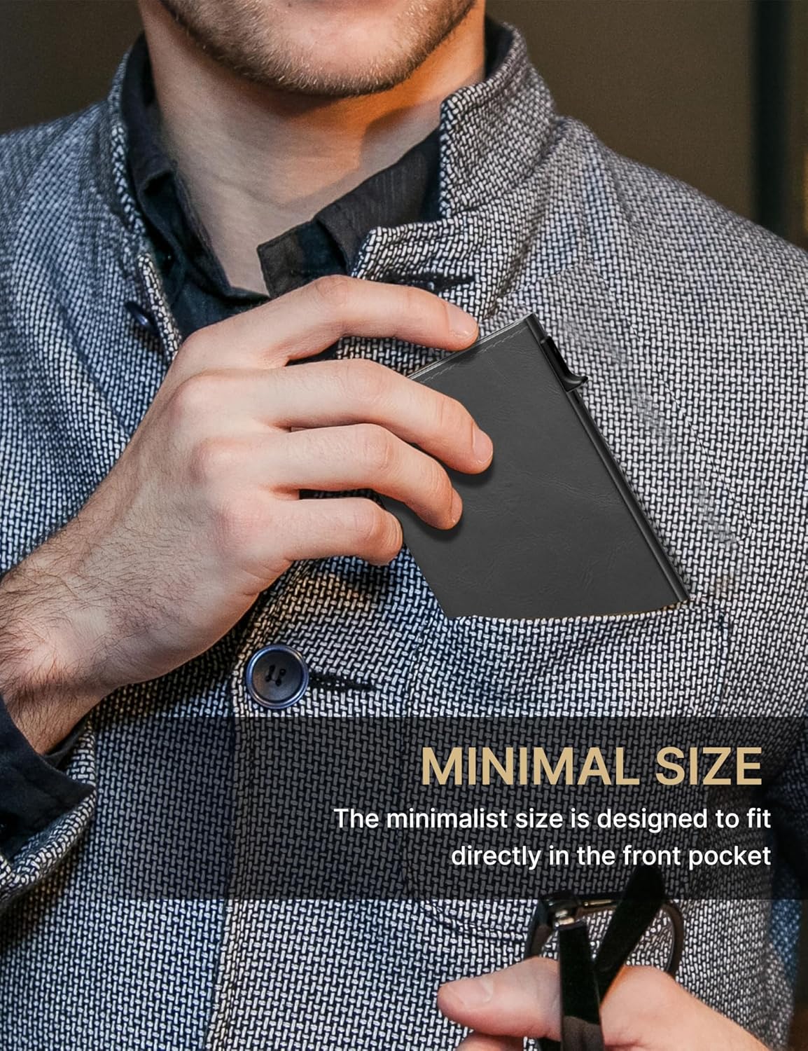 typecase Mens Wallet Card Holder: Pop Up Aluminum Case, Carbon Fiber Leather, Smart, RFID Blocking, Slim, Minimalist, Front Pocket - 9-14 Card Capacity | ID Window | Cash Slot(Grey)