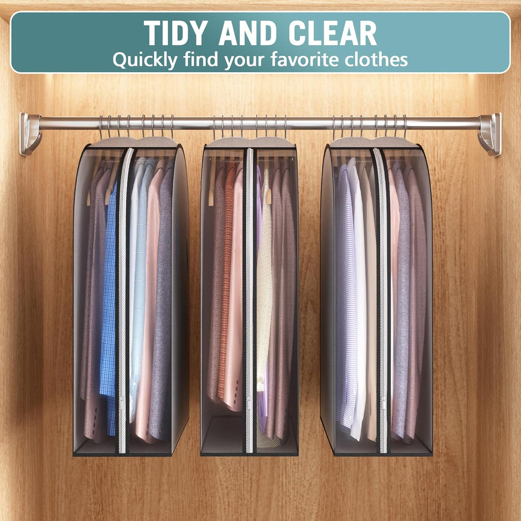 10" Gusseted Garment Bags for Hanging Clothes 32" Suit Bags for Open Closet Storage, Side Clear Clothing Cover for Coat, Dress, Jacket, Shirt, Fur Wardrobe Protector, 3 Packs, Grey