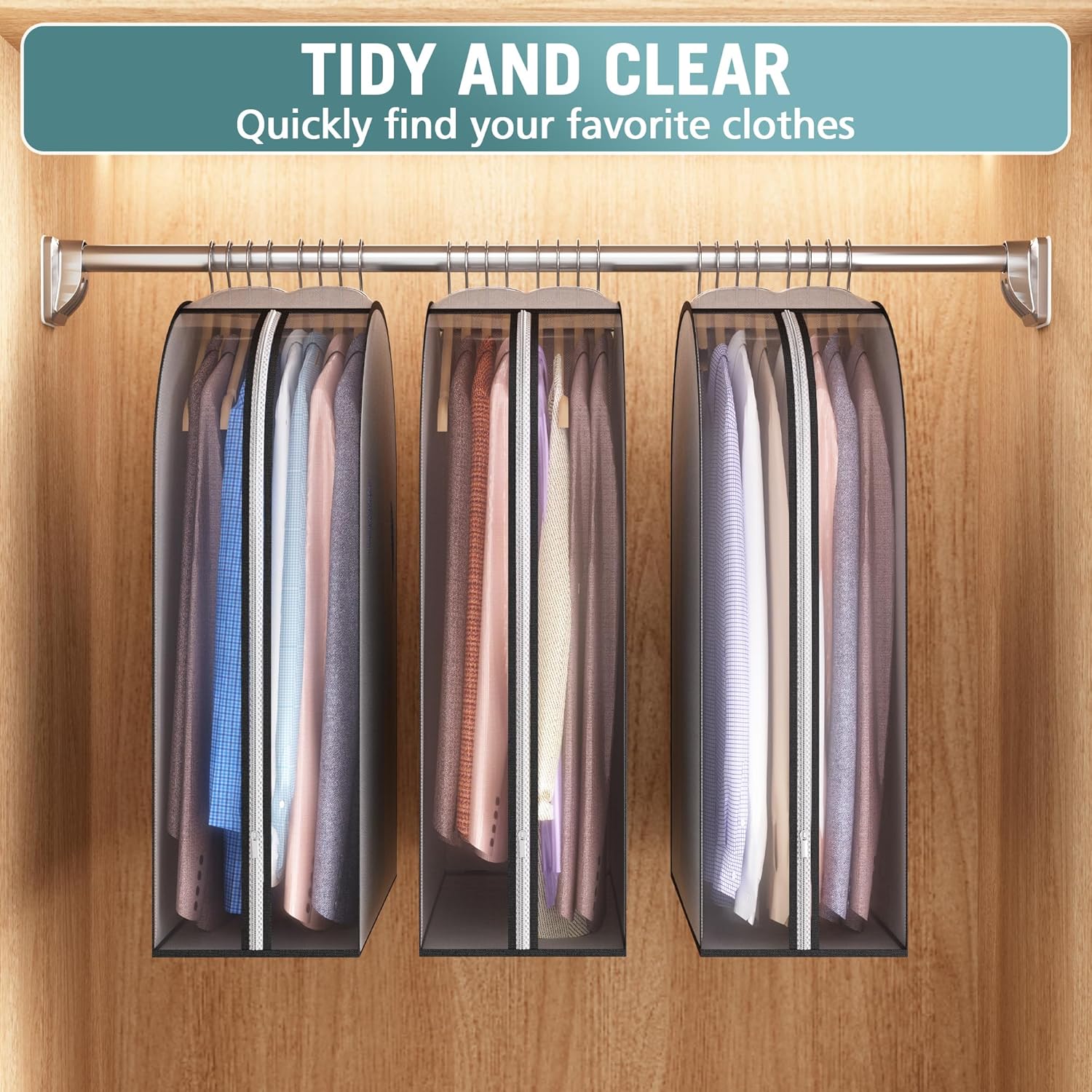 10" Gusseted Garment Bags for Hanging Clothes 32" Suit Bags for Open Closet Storage, Side Clear Clothing Cover for Coat, Dress, Jacket, Shirt, Fur Wardrobe Protector, 3 Packs, Grey