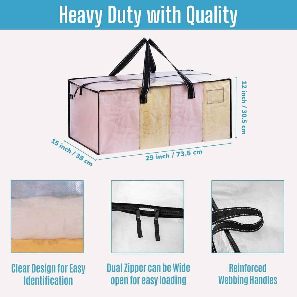 VENO 4 Pack Moving Bags Extra Large Storage Bags for College Move-In, Heavy-Duty Storage Totes, Packing Boxes, and Wardrobe Moving Supplies - Durable Laundry Bags for Clothes (Clear, 4 Pack)