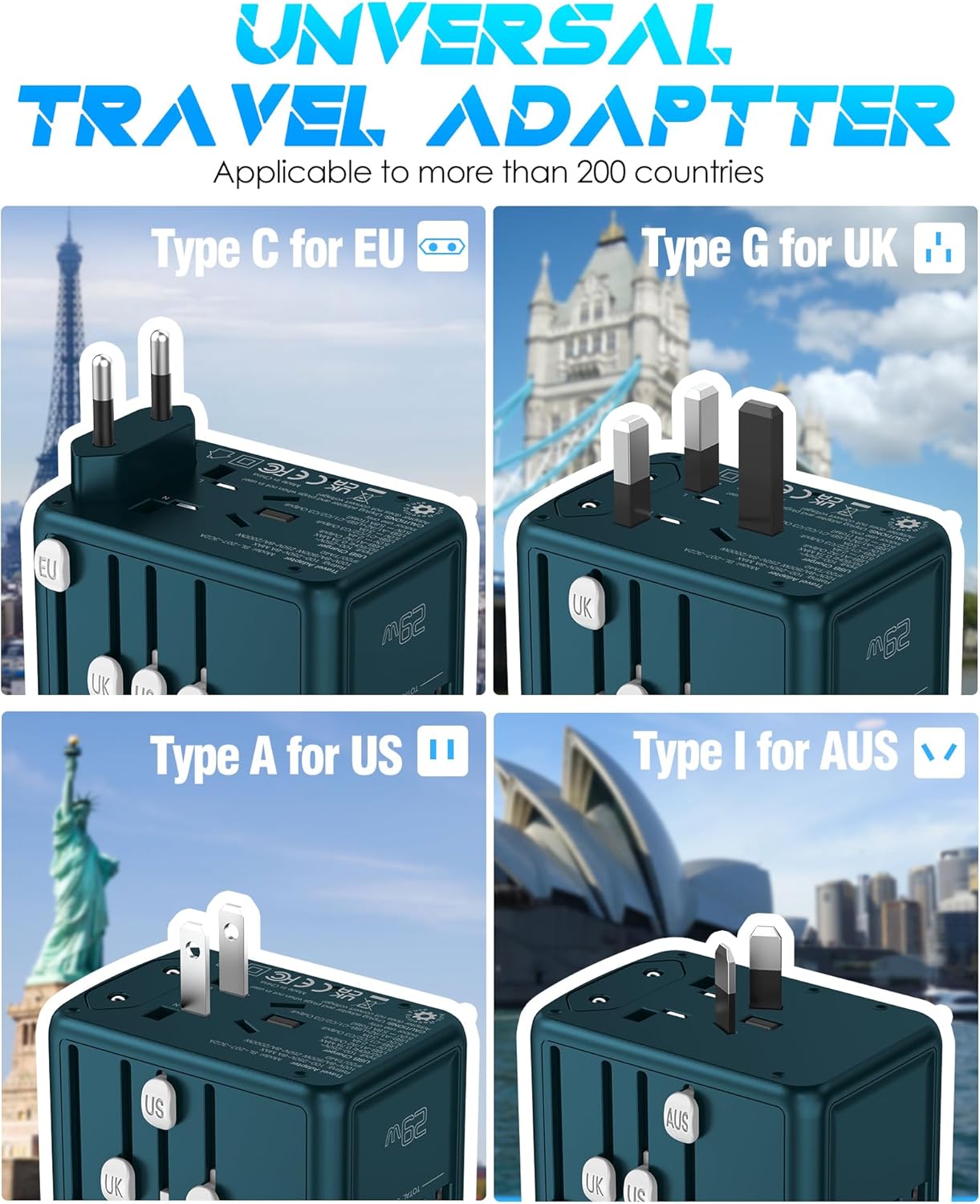 Universal Travel Adapter with 6.0A 3X 3.0A USB-C Ports, 2X 2.4A USB-A Ports and Multi AC Outlets, International Power Plug Adapter Worldwide Travel Charger for EU UK AUS USA (Type C/G/I/A Plug)