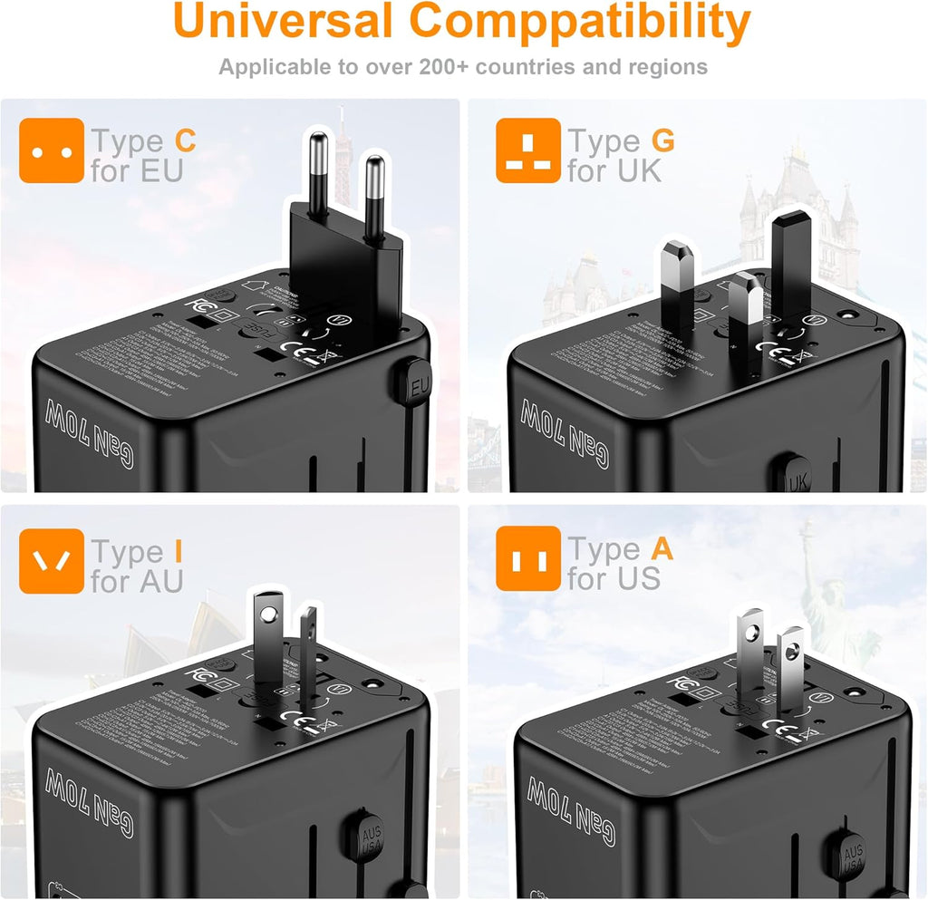 Universal Travel Adapter, VYLEE 70W International Plug Adapter with PD Fast Charging, 5-Port (1 AC/1 USB-A/3 USB-C), Wall Charger Worldwide Travel Essentials Plug for USA EU UK AUS Japan (Black)