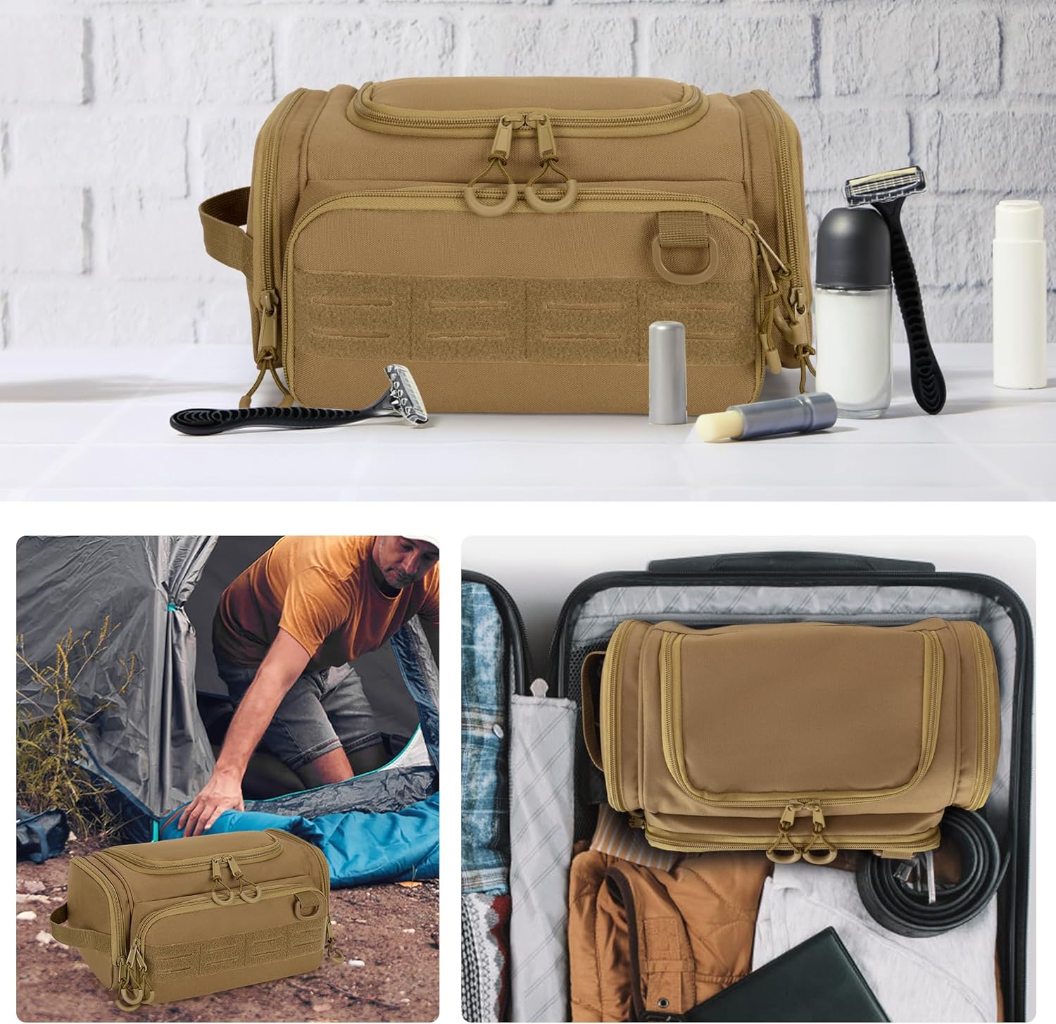 Tactical Toiletry Bag for Men, Hanging Hygiene Bag, Travel Dopp Kit Organizer for Shaving, Shower Essentials and Toiletries, Khkai (Empty Bag)