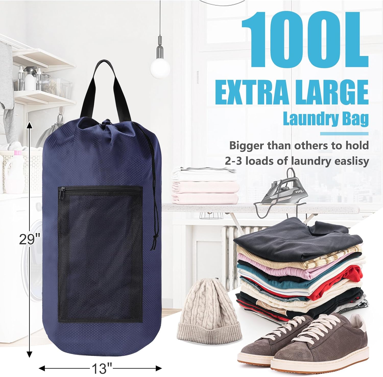 Portable with Adjustable Shoulder Straps Travel Dirty Laundry Bag,with Drawstring Closure & Mesh Pocket Backpack Laundry Bag for College,Apartment,Camping(Dark Blue)